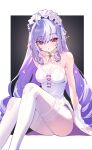  1girl :o ahoge alternate_costume bare_shoulders black_background bow breasts chinese_commentary cleavage collarbone commentary_request dress drill_hair drill_sidelocks feet_out_of_frame frilled_hairband frills hair_between_eyes hairband highres large_breasts long_hair looking_at_viewer majo_(pastamajo) mole mole_under_eye open_mouth panties pink_eyes pointy_ears purple_bow purple_hair sidelocks simple_background sitting sleeveless sleeveless_dress solo thighhighs thighs underwear vivian_banshee white_background white_dress white_hairband white_panties white_thighhighs zenless_zone_zero 