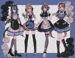  4girls agnes_tachyon_(umamusume) animal_ears apron black_apron black_boots black_bow black_dress black_flower black_gloves black_hair black_hairband black_rose black_shoes black_thighhighs blue_bow blue_bowtie blue_dress blue_necktie blunt_ends boots bow bowtie breasts brown_hair closed_mouth commentary_request dantsu_flame_(umamusume) dress ear_covers ear_ornament ear_tag earrings fishnet_thighhighs fishnets flower footwear_bow frilled_cuffs frilled_dress frilled_gloves frilled_hairband frills gloves grey_gloves grey_hair grey_thighhighs hair_between_eyes hairband hand_up hands_up highres horse_ears horse_girl horse_tail jam_(umamusume) jewelry jungle_pocket_(umamusume) knee_boots lace-up_boots long_hair long_hair_between_eyes manhattan_cafe_(umamusume) medium_breasts multiple_girls necktie notched_ear odag_18 open_mouth platform_boots puffy_short_sleeves puffy_sleeves purple_shoes red_eyes rose shoes short_hair short_necktie short_sleeves single_earring smile tail thighhighs umamusume very_long_hair waist_apron white_apron white_dress white_flower white_gloves white_hair white_rose wrist_cuffs yellow_eyes 