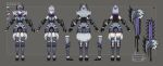  1girl ahoge arkveld_(armor) armor axe blue_eyes commentary english_commentary eyepatch from_behind full_body fur_trim gauntlets general_geega general_geega_(monster_slayer) gradient_hair grey_hair hair_between_eyes helmet heterochromia highres indie_virtual_youtuber janyhero leg_armor leotard medium_hair milkytiddyboy monster_hunter_(series) multicolored_hair multiple_views official_art pointy_ears ponytail purple_hair red_eyes reference_sheet scar scar_on_arm short_ponytail switch_axe sword szainx thighs virtual_youtuber weapon 