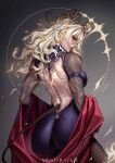  1girl absurdres alternate_costume ass backless_outfit backward-facing_horns black_horns black_tail blonde_hair breasts commentary curled_horns fire flame-tipped_tail gradient_background grey_background hair_between_eyes highres horns large_breasts long_hair looking_at_viewer looking_back median_furrow meister_staze mole mole_under_eye parted_lips red_eyes signature simple_background solo tacet_mark_(wuthering_waves) tail toned toned_female wuthering_waves zani_(wuthering_waves) 