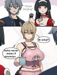  1boy 2girls angels_of_delusion_kfc_bag astra_yao black_hair blonde_hair blush breasts character_print coffee_mug cup dorahdew evelyn_chevalier grey_hair highres holding holding_cup holding_microphone large_breasts long_hair looking_at_viewer microphone mug multiple_girls open_mouth pink_shirt purple_eyes red_eyes shirt short_hair wise_(zenless_zone_zero) zenless_zone_zero 