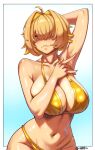  1girl absurdres ahoge armpits bikini blonde_hair blue_background border breasts cleavage closed_mouth commentary elegg_(nikke) english_commentary fang goddess_of_victory:_nikke gradient_background hair_intakes hair_over_eyes highres huge_breasts latsh long_bangs looking_at_viewer navel outside_border presenting_own_armpit purple_eyes short_hair simple_background solo sweat swimsuit yellow_bikini 