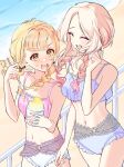  2girls beach bikini black_ribbon blonde_hair braid breasts closed_eyes collarbone commentary eating facing_viewer frilled_bikini frills fujita_kotone gakuen_idolmaster hair_ribbon hand_in_own_hair holding holding_shaved_ice holding_spoon idolmaster juo_sena large_breasts long_hair looking_at_another multicolored_hair multiple_girls navel nee_icchau_yo_(idolmaster) o-ring open_mouth pink_bikini pink_hair purple_bikini railing ribbon sand see-through_clothes shiroquroha_t small_breasts spoon stomach sweatdrop swimsuit twin_braids water yellow_eyes 