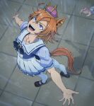  1girl 1other :d absurdres animal_ears black_shoes commentary_request crown dated dogeyama_um ear_ornament from_above full_body hair_between_eyes highres horse_ears horse_girl horse_tail jewelry looking_up messy_hair miniskirt open_mouth orange_hair outdoors outstretched_arms pleated_skirt purple_eyes rain school_uniform shirt shoes short_hair short_sleeves skirt smile solo_focus spread_arms spread_fingers standing summer_uniform t.m._opera_o_(umamusume) tail thighhighs tracen_school_uniform umamusume water wet wet_clothes wet_face wet_hair white_thighhighs 