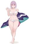  1girl arm_at_side arm_behind_back ass_visible_through_thighs bare_arms bare_legs bare_shoulders barefoot bikini breasts cleavage collarbone dripping facing_viewer frilled_bikini frills front-tie_bikini_top front-tie_top gridman_universe hair_between_eyes highres inflatable_orca inflatable_toy large_breasts looking_at_viewer navel pink_hair pool_float pulling_own_clothes red_eyes shadow shee-p_(inemurisheep113) shinjou_akane short_hair sideboob simple_background smile solo ssss.gridman stomach swimsuit thick_thighs thigh_gap thighs underboob white_background white_bikini 