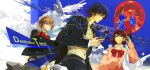  1boy 2girls aigis_(persona) android arknights belt bird black_jacket black_pants black_ribbon black_skirt blonde_hair blue_eyes blue_hair blue_sky bow bowtie brown_eyes brown_hair cardigan cellphone character_request choker closed_mouth cloud cloudy_sky earphones_removed earrings flip_phone flipped_hair gekkoukan_high_school_uniform hair_between_eyes heart heart_choker highres holding holding_phone jacket jewelry long_sleeves looking_at_another looking_at_viewer loose_bowtie medium_hair mp3_player multiple_girls neck_ribbon open_clothes open_jacket outdoors pants parted_lips persona persona_3 persona_3_reload phone pink_cardigan red_bow red_bowtie ribbed_cardigan ribbon robot_ears school_uniform shirt short_hair skirt sky smile stud_earrings takeba_yukari upper_body white_bird white_choker white_shirt wing_collar yuuki_makoto_(persona_3) zhiyu502921798 