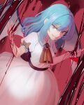  1girl absurdres ascot bat_wings blood blue_hair bow collared_dress commentary ddok dress grin highres looking_at_viewer missing_headwear pink_background puffy_short_sleeves puffy_sleeves red_ascot red_bow red_eyes remilia_scarlet short_sleeves smile solo touhou white_dress wings yellow_bow 