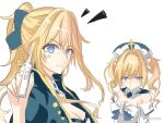  2girls anger_vein angry barbara_(genshin_impact) blonde_hair blue_bow blue_eyes blue_jacket blush bow breasts chinese_commentary cleavage cleavage_cutout clothing_cutout commentary_request dress fibonacci_no_usagi genshin_impact hair_bow holding holding_pregnancy_test jacket jean_(genshin_impact) looking_at_viewer multiple_girls ponytail pregnancy_test siblings simple_background sisters twintails upper_body white_background white_dress white_sleeves 
