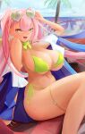  1girl absurdres azur_lane bennington_(azur_lane) bennington_(sunshine_chaser)_(azur_lane) bikini blue_jacket breasts character_name commentary_request earrings eyewear_on_head green-tinted_eyewear green_bikini green_eyes heart heart-shaped_eyewear heart_earrings heart_necklace highres huge_breasts jacket jewelry navel necklace o2iro8 official_alternate_costume open_mouth outdoors partial_commentary pink_hair red_pupils sitting solo stomach sunglasses swimsuit thigh_strap tinted_eyewear 