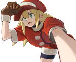  1girl bike_shorts bike_shorts_under_shorts blonde_hair brown_gloves cropped_jacket gloves green_eyes hat highres jacket long_hair mega_man_(series) mega_man_legends_(series) newsboy_cap open_mouth red_hat red_jacket red_shorts roll_caskett_(mega_man) shorts simple_background solo tikuwabu_33 white_background 