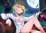  1girl :d absurdres animal_on_shoulder bird bird_on_shoulder black_bird black_feathers black_hat blonde_hair breasts breasts_apart collared_shirt commentary_request couch crow dress_shirt dutch_angle evil_grin evil_smile eyes_visible_through_hair falling_feathers feathers feet_out_of_frame flower frilled_sleeves frills full_moon glowing grin hair_between_eyes hands_up hat hat_flower heaven_burns_red highres holding holding_unworn_clothes holding_unworn_hat indoors irene_redmayne irene_redmayne_(moonlit_hide-and-seek) knee_up leaning_back long_sleeves looking_at_viewer medium_hair moon munakurasora night official_alternate_costume on_couch partially_unbuttoned phantom_thief pink_flower shirt sitting small_breasts smile smug solo thighs top_hat unworn_hat unworn_headwear v-shaped_eyebrows white_shirt window yellow_eyes 