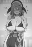  1girl bikini blush breasts cleavage exorcism_rod heart heart-shaped_pupils highres huge_breasts looking_at_viewer medium_hair no_panties okunoda_miyoi open_mouth solo steaming_body sweatdrop swimsuit symbol-shaped_pupils touhou whale_hat 