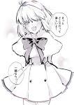  1girl :d antenna_hair arcueid_brunestud arms_behind_back blush bow buttons capelet coat commentary_request cowboy_shot dress frilled_dress frills fur_capelet hair_between_eyes happy highres looking_at_viewer monochrome numuhe official_alternate_costume short_hair simple_background single_hair_intake smile solo sweater thighs translation_request tsukihime tsukihime_(remake) turtleneck turtleneck_sweater white_background 
