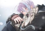  1boy aegyo_sal animal black_cat black_jacket blue_streaks blush cat commentary_request covered_mouth earrings grey_scarf hair_between_eyes highres holding holding_animal holding_cat jacket jewelry kamishiro_rui knees_up long_sleeves luosimirage male_focus multicolored_hair official_alternate_costume pawpads plaid_clothes plaid_scarf project_sekai purple_hair scarf short_hair snowing solo special_present_for_you!_(project_sekai) streaked_hair yellow_eyes 