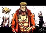  152_in_can 1boy 2girls abs absurdres antenna_hair arcueid_brunestud arcueid_brunestud_(berserker) beads beard belt black_dress black_hair blonde_hair breasts buddhist_nun commentary commission cross cross_necklace dress facial_hair fate/extra fate/extra_ccc fate_(series) from_behind gatou_monji green_hair highres holding_prayer_beads jacket jewelry large_breasts long_hair looking_at_viewer multicolored_hair multiple_girls muscular muscular_male necklace nun nun_headdress open_clothes open_jacket orange_jacket pectorals prayer_beads purple_skirt sessyoin_kiara shade short_hair side_slit single_hair_intake skeb_commission skirt smile sweater turtleneck turtleneck_sweater two-tone_hair white_sweater 