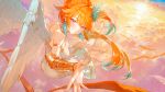  1girl above_clouds absurdres animal armor bare_shoulders bird blush breasts cloud collar commentary dove dress evening feathered_wings flower foreshortening from_above full_body grin highres hololive hololive_english ikkia long_hair looking_at_viewer midair orange_armor orange_collar orange_hair orange_shirt outdoors parted_bangs pink_eyes shirt single_vambrace smile solo straight_hair strapless strapless_dress sun sunset takanashi_kiara vambraces virtual_youtuber warm_colors white_bird white_dress white_wings wings 