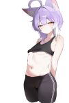  1girl :/ absurdres ahoge animal_ear_fluff animal_ears arms_behind_back black_leggings black_sports_bra blue_eyes breasts closed_mouth commentary_request cropped_legs double_vertical_stripe fox_ears fox_girl gamble_0 hair_between_eyes heterochromia highres korean_commentary leggings light_blush looking_at_viewer medium_hair multicolored_hair narrowed_eyes navel petite purple_hair raised_eyebrows simple_background small_breasts solo sports_bra stellive streaked_hair sweat tenko_shibuki two-tone_hair underboob virtual_youtuber white_background white_hair yellow_eyes 