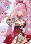  1girl bell bird breasts cherry_blossoms cleavage commentary diamond-shaped_pupils diamond_(shape) dove dress elf elysia_(herrscher_of_human:_ego)_(honkai_impact) elysia_(honkai_impact) elysia_(peachy_spring)_(honkai_impact) english_commentary flower hair_bell hair_flower hair_ornament highres honkai_(series) honkai_impact_3rd large_breasts long_hair official_alternate_costume pink_hair pink_nails pointy_ears purple_eyes red_dress sirindoll420 smile solo symbol-shaped_pupils very_long_hair 