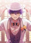  1boy absurdres backlighting black_bow blue_hair blue_nails blurry blush bow bowtie bridal_veil collared_shirt commentary_request contrast_lapels corsage depth_of_field flower flower_request gold_trim grin hair_between_eyes hands_up highres indoors jacket kuki_ko lace_trim lapels leaning_forward lens_flare leviathan_(obey_me!) lifting_another's_clothes looking_at_viewer male_focus obey_me!:_one_master_to_rule_them_all! obey_me!_(series) open_clothes open_jacket orange_bow orange_bowtie orange_eyes orange_flower pov raised_eyebrows red_vest shawl_lapels shirt short_hair smile solo sparkle straight-on striped_clothes striped_vest swept_bangs two-tone_vest variant_set veil vertical-striped_clothes vertical-striped_vest very_short_hair vest waistcoat wedding white_jacket white_shirt window yellow_flower 