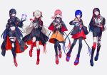  5girls absurdres asymmetrical_legwear asymmetrical_sleeves belt black_capelet black_choker black_coat black_gloves black_jacket black_leggings black_overskirt black_pantyhose black_ribbon black_shirt black_shorts black_socks blue_boots blue_eyes blue_hair blue_streaks bob_cut boots braid buckle capelet choker clothing_cutout coat colored_inner_hair crop_top cropped_jacket detached_sleeves diamond-shaped_earrings dress earphones earrings flower gloves grey_eyes grey_hair hair_between_eyes hair_flower hair_ornament hair_over_one_eye harusaruhi high-waist_shorts high_collar high_tops highres isekaijoucho jacket jewelry kaf_(kamitsubaki_studio) kamitsubaki_studio knee_boots kneehighs koko_(kamitsubaki_studio) large_earrings leggings long_hair long_sleeves looking_at_viewer low_ponytail midriff_peek mismatched_sleeves multicolored_eyes multicolored_hair multicolored_jacket multiple_belts multiple_girls multiple_thigh_straps nail_polish navel o-ring o-ring_choker official_alternate_costume official_art one_eye_covered open_clothes open_jacket orange_dress overskirt pantyhose pink_hair platform_boots platform_shoes ponytail print_capelet print_dress puffy_long_sleeves puffy_sleeves purple_eyes purple_hair red_boots red_dress red_flower red_hair red_nails red_socks red_streaks ribbon rim_(kamitsubaki_studio) ritao_kamo shirt shirt_under_shirt shoes short_hair short_sleeves shorts side_braid side_part sidelocks single_kneehigh single_sock snap-fit_buckle sneakers socks spider_web_print standing standing_on_one_leg strap streaked_hair thigh_boots thigh_cutout thigh_strap turtleneck turtleneck_shirt two-sided_capelet two-sided_coat two-sided_fabric two-sided_skirt uneven_sleeves v.w.p_(kamitsubaki_studio) white_ribbon yellow_eyes yellow_pupils zipper zipper_pull_tab 