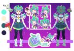 1girl aqua_hair boots braid bridal_gauntlets double_bun fang fangs from_behind green_pupils green_skirt hair_bun hammer highres indie_virtual_youtuber multicolored_hair multiple_views official_art open_mouth piapi_ufo piapi_ufo_(pia_1.0) purple_eyes purple_streaks reference_sheet shirt skin_fang skirt slime_hair slime_on_head star-shaped_pupils star_(symbol) streaked_hair symbol-shaped_pupils twin_braids ufo virtual_youtuber white_boots white_shirt white_sleeves wings zipper_pull_tab 