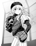  1girl absurdres artist_request baseball_mitt baseball_uniform catcher's_mask catcher_(baseball) chain-link_fence chest_protector commentary_request cowboy_shot fence from_below greyscale helmet highres holding holding_mask long_hair mask monochrome novel_illustration official_art open_mouth pants shirt shirt_under_shirt solo sportswear striped_clothes striped_pants striped_shirt sweatdrop tamanchu! two_side_up vertical-striped_clothes vertical-striped_pants vertical-striped_shirt yamasato_yo 