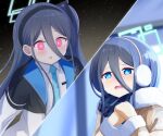  2girls :o absurdres aqua_halo aris_(blue_archive) aris_(winter)_(blue_archive) black_hairband black_jacket blue_archive blue_eyes blue_hair blue_jacket blue_necktie blue_scarf blurry blurry_background blush bright_pupils brown_coat brown_mittens coat collared_shirt commentary_request crying crying_with_eyes_open dark_background day dot_nose double-parted_bangs earmuffs eye_contact fur-trimmed_coat fur-trimmed_sleeves fur_trim hair_between_eyes hairband halo hands_up highres indoors jacket kei_(aris)_(blue_archive) kei_(blue_archive) light_blush light_particles long_hair long_hair_between_eyes long_sleeves looking_ahead looking_at_another loosely_tucked_bangs mittens multi-source_commentary multiple_girls multiple_pov necktie nose_blush official_alternate_costume one_side_up open_clothes open_jacket open_mouth own_hands_together parted_lips partial_commentary peanut_mouth pink_eyes plaid_clothes plaid_scarf pov raised_inner_eyebrows rectangular_halo ringed_eyes scarf shirt simple_background tears two-sided_fabric two-sided_jacket upper_body white_jacket white_pupils white_shirt yuzha4328 