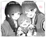  2girls admiral_(kancolle) blunt_bangs braid commentary_request girl_sandwich greyscale hair_over_shoulder heart kantai_collection kitakami_(kancolle) kitakami_kai_(kancolle) little_boy_admiral_(kancolle) long_hair long_sleeves milestone_celebration mochisaka_mitsuki monochrome multiple_girls one_eye_closed ooi_(kancolle) ooi_kai_(kancolle) reaching reaching_towards_viewer sailor_collar sailor_shirt sandwiched shirt single_braid smile spoken_heart spot_color taking_picture translation_request upper_body 