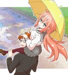  1boy 1girl aqua_eyes bags_under_eyes black_jacket border brown_hair brown_shoes carrying carrying_person commentary_request glasses grey_skirt highres holding holding_umbrella jacket letterboxed loafers long_hair long_sleeves low_ponytail michinoku_komaro mizunoe_ume open_mouth outline outside_border pantyhose parted_lips pink_hair pleated_skirt ponytail red_pantyhose school_uniform seitokai_ni_mo_ana_wa_aru! semi-rimless_eyewear serafuku shirt shoes short_hair shoulder_carry skirt smile sugimoto_nao umbrella under-rim_eyewear white_border white_outline white_shirt yellow_umbrella 