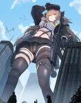  1girl absurdres aircraft airplane bike_shorts bike_shorts_under_skirt black_gloves black_jacket black_ribbon black_shorts black_skirt black_thighhighs blue_sky breasts brown_hair building cameltoe city cloud commentary_request day from_below giant giantess girls'_frontline girls'_frontline_2:_exilium gloves gun h&amp;k_ump hair_ribbon head-mounted_display highres jacket knee_pads large_breasts lenna_(girls'_frontline_2) long_hair long_sleeves midriff natsukaze_shigure navel open_clothes open_jacket open_mouth outdoors pleated_skirt ribbon shirt shorts single_knee_pad skirt sky stun_grenade submachine_gun thighhighs twintails ump9_(girls'_frontline) upskirt weapon white_shirt 