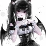  1girl animal_ear_fluff animal_ears black_bow black_choker black_corset black_eyes black_hair black_wings blue_gem bow cat_ears cat_girl cat_hair_ornament center_frills choker collarbone commission corset cross-laced_clothes cross-laced_corset frilled_choker frilled_sleeves frilled_wrist_cuffs frills gem hair_between_eyes hair_ornament hairclip heart heart_hair_ornament heart_hands highres light_blush long_hair looking_at_viewer mihuashi_commission original parallel_hairclips parted_lips puffy_short_sleeves puffy_sleeves short_sleeves solo too_many_watermarks twintails upper_body watermark white_background white_wrist_cuffs wings wrist_cuffs xiao_sui_tingyu 