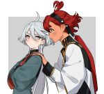  2girls ahoge asticassia_school_uniform baesong black_hairband blue_eyes closed_mouth commentary_request frown green_jacket grey_background grey_eyes grey_hair gundam gundam_suisei_no_majo hairband head_on_another's_shoulder jacket korean_commentary long_hair miorine_rembran multiple_girls ponytail red_hair school_uniform simple_background suletta_mercury thick_eyebrows white_jacket 
