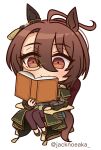  1girl absurdres agnes_tachyon_(sigma_experiment)_(umamusume) agnes_tachyon_(umamusume) ahoge animal_ears blush book brown_hair chair chibi closed_mouth coat commentary_request ear_covers hair_between_eyes highres holding holding_book horse_ears horse_girl jack_(jacknoeaka) long_sleeves medium_hair monocle off_shoulder official_alternate_costume reading red_eyes shirt simple_background single_ear_cover sitting solo umamusume white_background 
