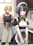  1boy 1girl absurdres ahoge alternate_costume animal_ears apron arknights arm_strap bare_shoulders belt belt_buckle black_belt black_choker black_dress black_eyes black_hair black_tank_top blonde_hair bow bowtie buckle buttons choker collarbone commentary_request confused crossed_bangs dress enmaided frilled_apron frills grey_apron grey_eyes hair_between_eyes hair_bow high-waist_belt highres holding holding_tray indoors jewelry kitchen la_pluma_(arknights) maid maid_headdress necklace open_mouth partial_commentary puffy_short_sleeves puffy_sleeves short_hair short_sleeves signature sleeveless standing sweatdrop tank_top tequila_(arknights) tray v_arms waist_apron welt_(kinsei_koutenkyoku) white_apron white_bow window yellow_bow yellow_bowtie 