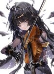  1girl absurdres arknights artist_name black_dress black_eyes black_gloves black_hair black_halo bodystocking bow_(music) closed_mouth commentary dated detached_wings dress gloves halo highres holding holding_bow_(music) holding_instrument holding_violin instrument light_smile long_hair looking_at_viewer mole mole_under_eye nuru_(nuruffle_0720) official_alternate_costume simple_background solo violin virtuosa_(arknights) virtuosa_(diversity_oneness)_(arknights) white_background wings yellow_pupils 