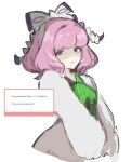  1girl bow breasts collared_shirt commentary cropped_torso drill_hair drill_sidelocks dynamax_band eyeshadow flipped_hair fur_jacket hair_bow hairband highres jacket klara_(pokemon) lipstick makeup marshmallow_(site) mole mole_under_mouth pink_eyeshadow pink_hair pink_lips pokemon pokemon_sword_and_shield print_shirt purple_eyes request_inset rittub748 shaded_face shirt short_hair sidelocks solo two-tone_shirt white_bow white_hairband 