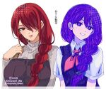  2girls alternate_hairstyle blush braid bright_pupils collared_shirt commentary_request hair_over_one_eye hair_over_shoulder instagram_username kirijou_mitsuru long_sleeves looking_at_viewer mari_(headspace)_(omori) mari_(omori) maromichan multiple_girls neckerchief omori parted_lips persona persona_3 purple_eyes purple_hair purple_sweater_vest red_eyes red_hair red_neckerchief ribbed_sweater shirt short_sleeves single_braid smile sweater sweater_vest translation_request twitter_username white_background white_pupils white_shirt white_sweater 
