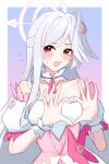  1girl absurdres bare_shoulders blue_archive blush border bustier commentary corset crescent_wing_ornament detached_collar detached_sleeves embarrassed flying_sweatdrops four-finger_heart_hands gradient_background halo head_wings heart heart_hands highres long_hair looking_at_viewer magical_girl multicolored_hair official_alternate_costume open_mouth outside_border pink_background pink_corset pink_streaks puffy_short_sleeves puffy_sleeves purple_background purple_halo red_eyes short_sleeves simple_background single_hair_intake single_head_wing single_wing streaked_hair suzumi_(blue_archive) suzumi_(magical)_(blue_archive) upper_body valery white_border white_bustier white_hair white_wings wings wrist_cuffs 