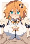  1boy 1girl :o absurdres ahoge aqua_eyes blonde_hair blue_eyes blush breasts cleavage cleavage_cutout clothing_cutout commentary_request grabbing_another's_breast groping hair_ornament heart highres holding huge_breasts open_mouth paizuri pov pov_crotch short_hair solo_focus spy_(spy0622) star_cutout striped_clothes striped_thighhighs thighhighs twinkle_(uchihime) uchi_no_hime-sama_ga_ichiban_kawaii 