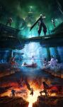  3girls 6+boys absurdres aerith_gainsborough arm_cannon barret_wallace black_wings buster_sword cait_sith's_moogle cait_sith_(ff7) cape cid_highwind cloud_strife diamond_weapon embers emerald_weapon feathered_wings final_fantasy final_fantasy_vii final_fantasy_vii_rebirth final_fantasy_vii_remake final_fantasy_vii_revelation floating from_behind gatling_gun gun handgun highres holding holding_gun holding_megaphone holding_shuriken holding_staff holding_sword holding_weapon incredibly_absurdres key_visual mage_staff masamune_(ff7) megaphone monster multiple_boys multiple_girls night official_art over_shoulder polearm promotional_art red_xiii ruby_weapon ruins sapphire_weapon sephiroth shuriken single_wing spear spiked_hair staff standing sword tifa_lockhart tower ultima_weapon vincent_valentine water weapon weapon_over_shoulder wings yuffie_kisaragi 