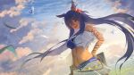  1girl absurdres animal_ears bandeau bare_shoulders bird black_hair blue_bandeau blue_sky breasts cloud commentary dark-skinned_female dark_skin dove ear_ornament ear_scrunchie fang hair_between_eyes hair_ornament hairclip highres hishi_amazon_(azure_amazon)_(umamusume) hishi_amazon_(umamusume) horse_ears horse_girl horse_tail large_breasts long_hair midriff navel open_mouth outdoors red_eyes red_scrunchie scrunchie single_sleeve skirt sky smile solo striped_clothes striped_scrunchie tail two-tone_bandeau two-tone_shirt two-tone_skirt umamusume very_long_hair white_bandeau xed_11z 