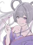  1girl black_hair blue_eyes cho_kaguya-hime! commentary eyebrows_hidden_by_hair hair_rings halterneck japanese_clothes kimono long_hair off_shoulder portrait purple_kimono runami_yachiyo smile solo tanukichi_mingo thick_eyebrows twintails 
