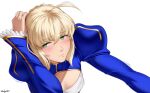  1girl ahoge artist_name artoria_pendragon_(fate) blonde_hair blue_dress blush cleavage_cutout closed_mouth clothing_cutout commentary dress english_commentary fate/stay_night fate_(series) green_eyes head_rest looking_to_the_side saber_(fate) solo white_background zealyush 