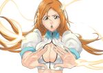  1girl attacking_viewer bleach bleach:_sennen_kessen-hen breasts brown_eyes cleavage cleavage_cutout clothing_cutout collared_shirt commentary detached_sleeves eyebrows_hidden_by_hair eyelashes fighting_stance floating_hair hair_ornament hairclip highres inoue_orihime juliet_sleeves large_breasts light_blush long_hair long_sleeves looking_at_viewer midriff multiple_hairclips official_alternate_costume open_hands open_mouth orange_hair outstretched_arms parted_bangs puffy_sleeves rena_sakuma shirt shun_shun_rikka simple_background sleeveless sleeveless_shirt solo straight-on tareme teeth triangle_hands upper_body v-shaped_eyebrows very_long_hair white_background white_shirt 