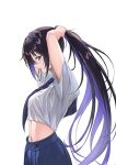  1girl adjusting_hair alternate_costume arms_behind_head black_hair blue_skirt breasts colored_inner_hair commentary_request crop_top crop_top_overhang earrings gurameso hair_tie hair_tie_in_mouth hands_in_own_hair highres holding_own_hair hoop_earrings jewelry kamitsubaki_studio koko_(kamitsubaki_studio) lightning_bolt_earrings lightning_bolt_symbol long_hair looking_at_viewer midriff mouth_hold multicolored_hair navel necktie pleated_skirt ponytail purple_eyes purple_hair purple_necktie see-through_clothes see-through_shirt shirt short_sleeves sidelocks skirt small_breasts tying_hair very_long_hair white_shirt 