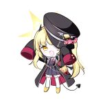  1girl aiguillette animal_bag animal_charm arm_up armband bag bear_bag black_coat black_hat black_ribbon black_tail black_wings blonde_hair bloomers blue_archive blue_dress boots bow buttons charm_(object) coat collared_shirt commentary demon_tail demon_wings dress footwear_bow full_body hair_ribbon halo handbag hat hat_bow hat_ornament heart heart_hat_ornament high_collar highres ibuki_(blue_archive) long_sleeves looking_at_viewer low_wings medal medium_hair military_hat mini_wings neck_ribbon open_clothes open_coat open_mouth oversized_coat peaked_cap pinafore_dress pleated_dress red_bow red_ribbon redblack_2468 ribbon school_uniform shirt shoulder_bag simple_background sleeveless sleeveless_dress sleeves_past_fingers sleeves_past_wrists smile solo standing stuffed_animal stuffed_toy tail teddy_bear untranslatable_commentary white_background white_bloomers white_shirt wings yellow_boots yellow_bow yellow_eyes yellow_halo 