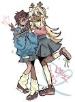  1girl 1other :d ;d amelia_lee amelia_lee_(cosplay) androgynous animal_ears antlers beatrice_reden beatrice_reden_(cosplay) blonde_hair blue_cardigan blue_eyes brown_eyes brown_hair brown_shoes cardigan commentary cosplay deer_antlers deer_ears deer_girl deltarune english_commentary english_text furry furry_female grey_skirt heart highres horns i_love_amy kris_(deltarune) leg_warmers long_hair mogumatcha noelle_holiday one_eye_closed parody pink_sweater_vest shirt shoes short_hair skirt smile sweater_vest title_parody utdr_(toby_fox) white_leg_warmers white_shirt 
