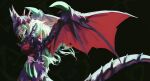  1girl armor black_armor black_sclera breasts colored_sclera commentary demon_horns demon_tail demon_wings diabellstar_the_black_witch diabellstar_vengeance duel_monster green_hair grey_hair highres horns large_breasts long_hair looking_down midriff multicolored_hair setsuna_reed tail untranslatable_commentary wings yu-gi-oh! 