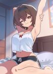  1girl arm_up armpits bed bedroom breasts bright_pupils brown_hair camisole chromatic_aberration cloud collarbone commentary commission crossed_bangs dolphin_shorts double-parted_bangs eshinvale film_grain hair_between_eyes hair_intakes hairband highres looking_at_viewer medium_breasts midriff morning navel on_bed one_eye_closed original pillow red_eyes ribbon shorts sidelocks sitting sky smile solo split_mouth stretching sunlight white_pupils window 