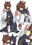  2girls :/ absurdres agnes_tachyon_(tach-nology)_(umamusume) agnes_tachyon_(umamusume) ahoge black_choker black_coat black_hair black_necktie black_pantyhose black_skirt breast_envy breasts brown_hair chemical_structure choker closed_mouth coat commentary_request cup ear_ornament earrings hair_between_eyes highres holding holding_cup jewelry lap_pillow large_breasts long_hair_between_eyes long_sleeves manhattan_cafe_(creeping_shadow)_(umamusume) manhattan_cafe_(umamusume) medium_hair mug multicolored_hair multiple_girls necktie open_clothes open_coat open_mouth pantyhose paw_print pleated_skirt red_eyes short_necktie simple_background single_earring skirt sleeves_past_fingers sleeves_past_wrists smile sweatdrop sweater test_tube umamusume white_background white_hair wide_sleeves xingyun_mantle yellow_eyes yellow_necktie yellow_sweater yuri 
